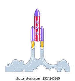 Rocket launch into undiscovered space. Explore universe, breathtaking space science. Thin line 3d vector illustration isolated on white.