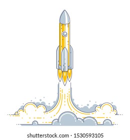 Rocket launch into undiscovered space. Explore universe, breathtaking space science. Thin line 3d vector illustration isolated on white.
