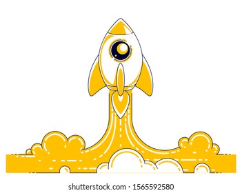 Rocket launch into undiscovered space. Explore universe, breathtaking space science. Thin line 3d vector illustration isolated on white.