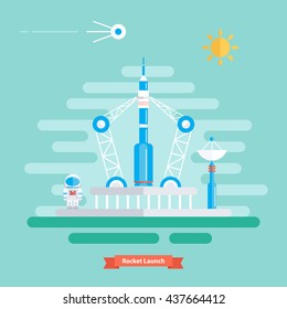 Rocket launch. Landscape with rocket, spaceman and satellite. Sunny day. Flat design vector illustration.