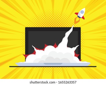 rocket launch from laptop business startup concept vector illustration flat design
