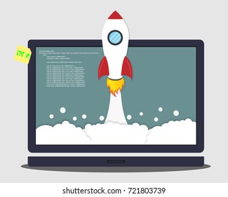 Rocket launch from the laptop. Concept of business start-up cartoon vector illustration