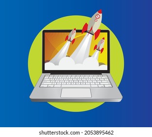Lanzamiento de cohete desde el concepto de laptop. Empieza. Iniciar un negocio. Portátil y misil