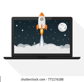 rocket launch from laptop flat design icon