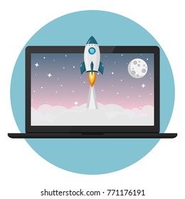 rocket launch from laptop flat design icon