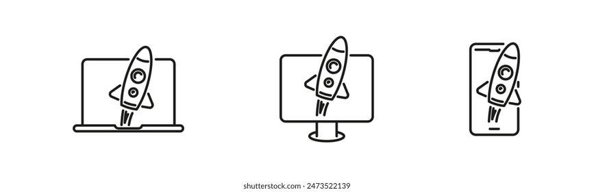 Rocket launch laptop icon set. Spaceship startup from device icons.