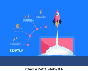 rocket launch from laptop infographics of business startup concept flat design vector background