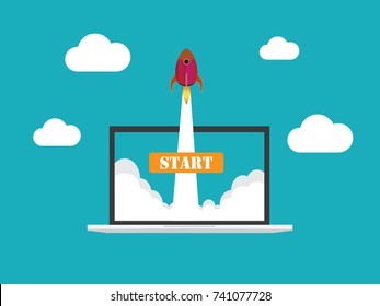 Rocket launch and laptop on the background.Successful start-up business concept. Vector