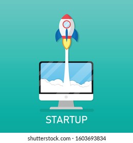 Rocket launch and laptop on blue the background. Successful start-up business concept. vector illustration modern flat design. Symbol of upload to internet.