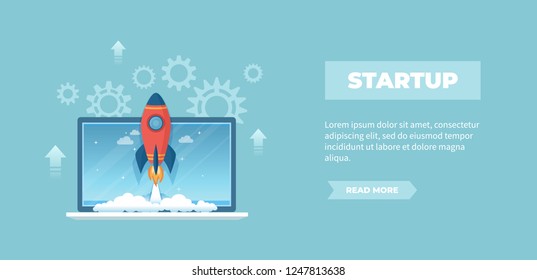 Rocket launch from laptop screen. Business project startup, financial planning, idea development process, strategy, management, realization and success. Vector banner 