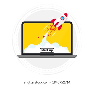 Rocket launch from laptop screen. Rocket taking off. Business Start up, Launching new product or service. Successful start-up launch new business project. Creative or innovative idea. Rocket launch