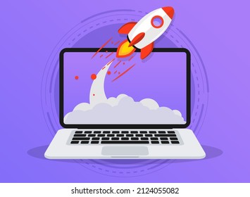 Rocket launch from laptop screen. Rocket taking off. Business Start up, Launching new product or service. Successful start-up launch new business project. Creative or innovative idea. Rocket launch