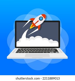 Rocket launch from laptop screen. Rocket taking off Business Start up Launching new product or service. Successful start-up launch new business project.Creative or innovative idea.Vector illustration