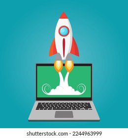 Rocket launch from laptop startup concept. Flat design. Successful startup business concept.