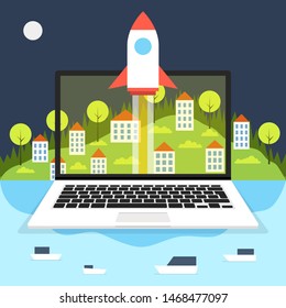 Rocket launch from a laptop. Startup project concept. Town, mountains, forest, lake and ships on background. Vector illustration.