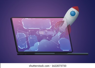 Rocket launch with laptop technology illustration