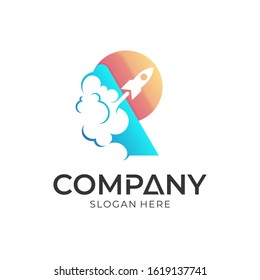 rocket launch + letter R logo design template