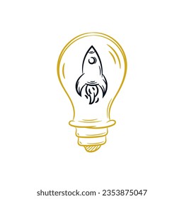Rocket launch in a light bulb hand drawn doodle. Panning business idea, start up, value, development. Vector icon illustration concept