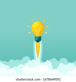 Rocket launch lightbulb in sky space. Creative startup concept. Vector illustration