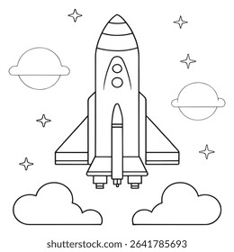Rocket launch in line art style with moons stars and cosmic background perfect for space illustration