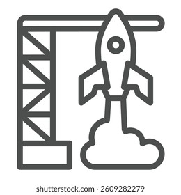 Rocket launch line icon, cosmos concept. Vector graphics. Orbital space rocket, spaceship flight start sign on white background, outline style icon for mobile or web design