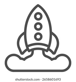 Rocket launch line icon, osint analytics concept. Vector graphics. Rocket with smoke, startup sign on white background, outline style icon for mobile or web design