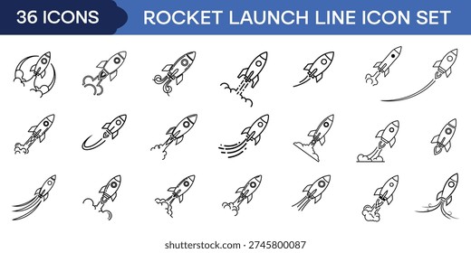 Rocket Launch Line Icon Set Vector Collection, Startup Business Growth and Space Ship Takeoff Outline Symbols with Motion Trails and Smoke Effects for App UI, Web Design and Technology Branding.