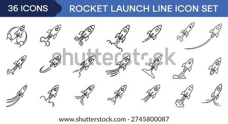 Rocket Launch Line Icon Set Vector Collection, Startup Business Growth and Space Ship Takeoff Outline Symbols with Motion Trails and Smoke Effects for App UI, Web Design and Technology Branding.