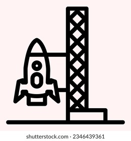 Icono de la línea de lanzamiento del cohete. Nave espacial con plataforma de escalera. Concepto de diseño de vectores astronómicos, pictograma de estilo de contorno sobre uso blanco para y aplicación. Eps 10.