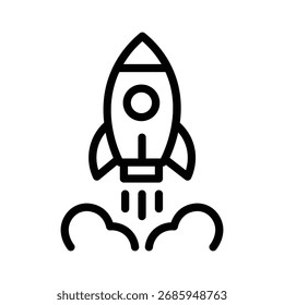 Icono de línea de lanzamiento de cohete, inicio y símbolo de innovación, estilo de contorno simple sobre fondo blanco