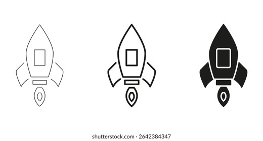 Rocket Launch In Line, Outline, And Glyph Icon Set. Space Exploration And Innovation Symbol Collection. Futuristic Technology And Startup Growth. Isolated Vector Illustration.