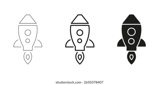 Rocket Launch In Line, Outline, And Glyph Icon Set. Space Exploration, Innovation, And Startup Growth Symbol Collection. Futuristic And Technological Advancement. Isolated Vector Illustration.
