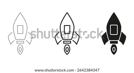 Rocket Launch In Line, Outline, And Glyph Icon Set. Space Exploration And Innovation Symbol Collection. Futuristic Technology And Startup Growth. Isolated Vector Illustration.