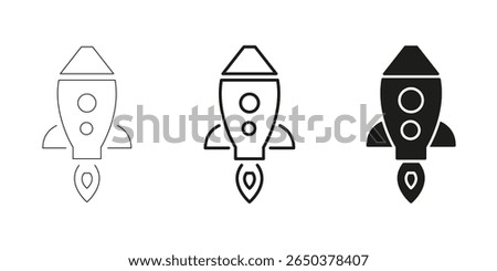 Rocket Launch In Line, Outline, And Glyph Icon Set. Space Exploration, Innovation, And Startup Growth Symbol Collection. Futuristic And Technological Advancement. Isolated Vector Illustration.