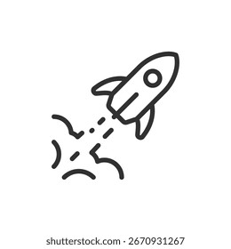 Rocket launch, linear icon. startup, innovation, progress, success, and exploration. Editable stroke.