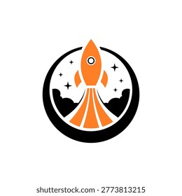 Rocket launch logo design vector template. Start up logotype, Think outside the box logo, logistic and delivery logo, Vibrant orange rocket ship icon blasting off