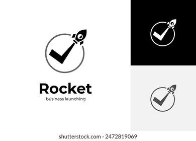 rocket launch logo icon design with tick or check circle flight round area design concept for astronomy, travel, business start up growing logo design