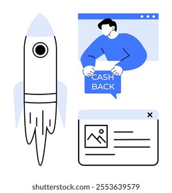 A rocket launch, a man with a cashback banner, and a window with an image. Ideal for finance, business growth, online services, cashback offers, and startups. Minimalist vector style