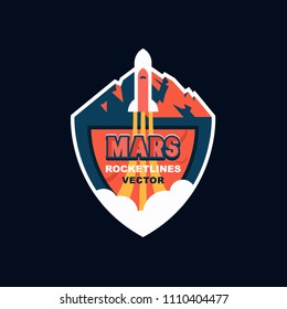Rocket launch to Mars. Vector logo design for future mission of Mars, exploration, promo events, games, label, cartoon badge.