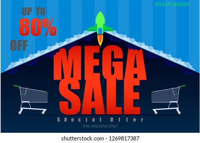 rocket launch mega sale up to 80% end of season special offer dark blue tone vector illustration eps10