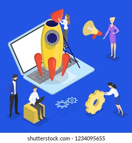 Rocket launch as a metaphor of startup. Business development concept. Entrepreneurship concept. People work together in company. Flat vector illustration