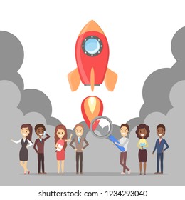 Rocket launch as a metaphor of startup. Business development concept. Entrepreneurship concept. People achieve success. Flat vector illustration