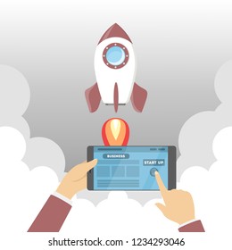 Rocket launch as a metaphor of startup. Business development concept. Hand pushing button on tablet computer. Flat vector illustration