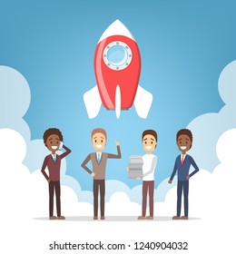 Rocket launch as a metaphor of startup. Business development concept. Entrepreneurship concept. People achieve success. Flat vector illustration
