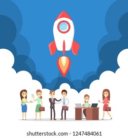 Rocket launch as a metaphor of startup. Business development concept. Entrepreneurship concept. People achieve success. Flat vector illustration