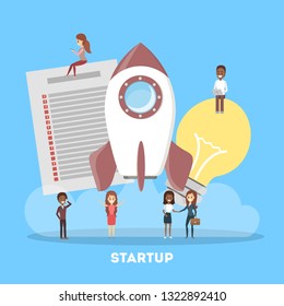 Rocket launch as a metaphor of startup. Business development concept. Entrepreneurship concept. People achieve success. Flat vector illustration