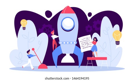 Rocket launch as a metaphor of startup. Business development concept. Entrepreneurship concept. People work together in company. Vector illustration in cartoon style