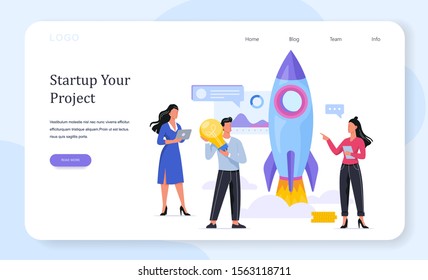 Rocket launch as a metaphor of startup. Business development concept. Entrepreneurship concept. People achieve success. Flat illustration