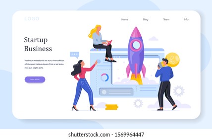 Rocket launch as a metaphor of startup. Business development concept. Entrepreneurship concept. People achieve success. Flat illustration