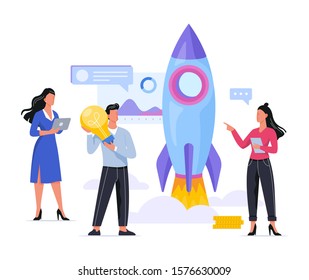 Rocket launch as a metaphor of startup. Business development concept. Entrepreneurship concept. People achieve success. Vector illustration